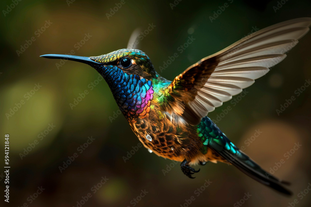 Obraz premium Close - up of a hummingbird hovering in mid - air, its wings frozen in motion and showcasing the stunning iridescent colors of its feathers.