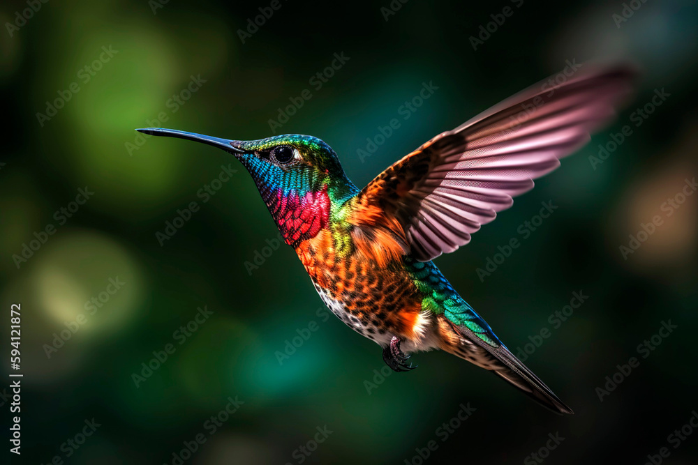 Naklejka premium Close - up of a hummingbird hovering in mid - air, its wings frozen in motion and showcasing the stunning iridescent colors of its feathers.