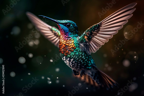 Close - up of a hummingbird hovering in mid - air, its wings frozen in motion and showcasing the stunning iridescent colors of its feathers.