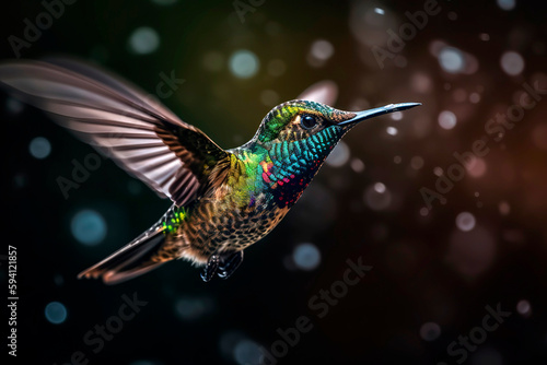 Close - up of a hummingbird hovering in mid - air, its wings frozen in motion and showcasing the stunning iridescent colors of its feathers.