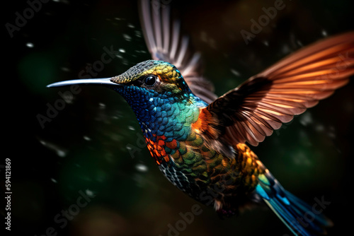 Close - up of a hummingbird hovering in mid - air, its wings frozen in motion and showcasing the stunning iridescent colors of its feathers. © Melipo-Art