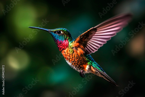 Close - up of a hummingbird hovering in mid - air, its wings frozen in motion and showcasing the stunning iridescent colors of its feathers.