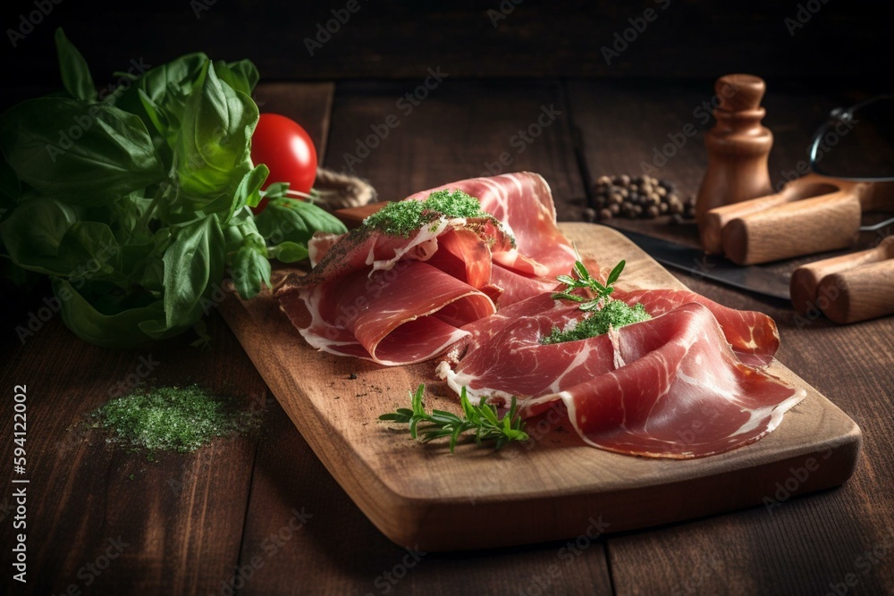 Appetizer slicing prosciutto crudo with herbs on wooden table. Generative AI
