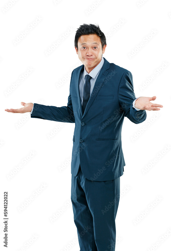 Portrait, shrug and PNG with a business man isolated on a transparent background to gesture whatever. Question, confused or mistake with a male asian employee shrugging his shoulders feeling carefree Portrait, shrug and PNG with a business man isolated on a transparent background to gesture whatever. Question, confused or mistake with a male asian employee shrugging his shoulders feeling carefree