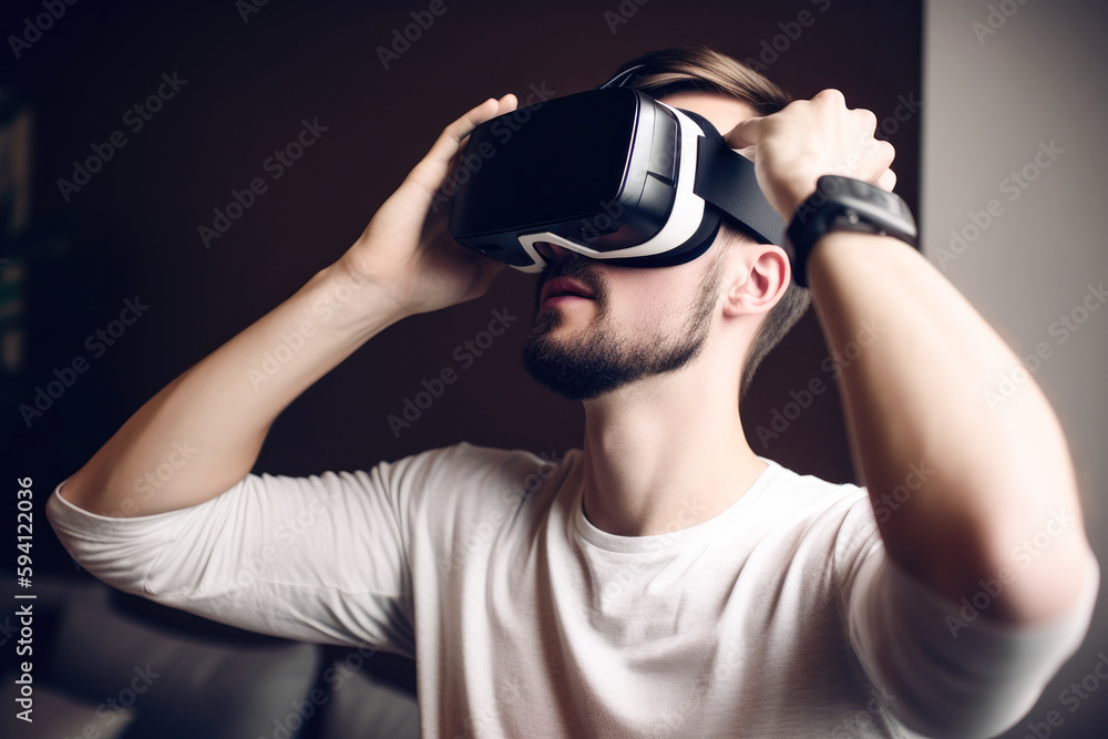 Younger man using VR (Virtual reality) glasses technology, high quality generative ai Younger man using VR (Virtual reality) glasses technology, high quality generative ai