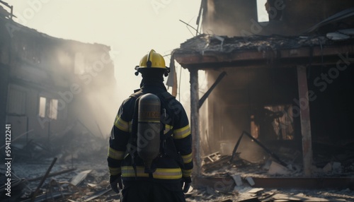 a fireman standing in front of a destroyed building, Generative IA photo