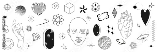 Set of abstract y2k hearts, stars, head, hand and other elements, trendy geometric shapes inspired brutalism. Flat vector illustration with 3d wireframe models. Concept psychedelic techno style