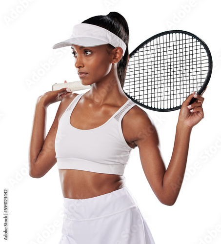 Tennis player, serious and woman with sports racket isolated on a transparent png background. Focused young athlete, indian female and thinking with bat about contest, competition goals and training © Krunal/peopleimages.com