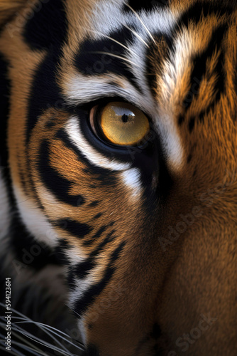 Close - up of a tiger's eye, capturing its intense gaze and the intricate details of its fur.
