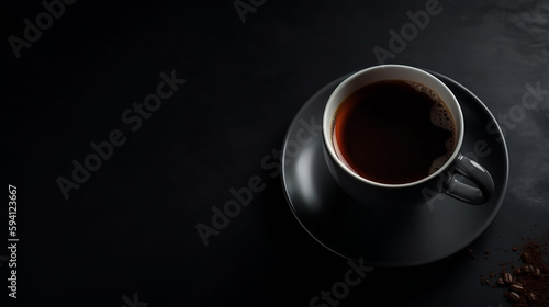 Coffee cup on old kitchen table. Top view with copy space for your text