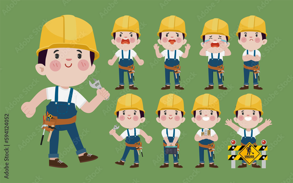 Set of worker with different poses