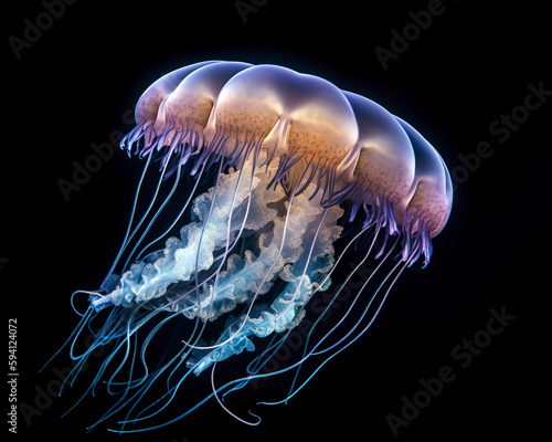 Close - up of a fascinating jellyfish, its delicate and ethereal structure illuminated against the deep blue ocean backdrop. © Melipo-Art