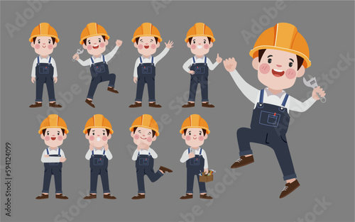 Set of worker with different poses
