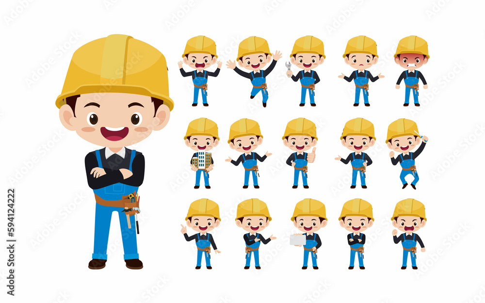 Set of worker with different poses