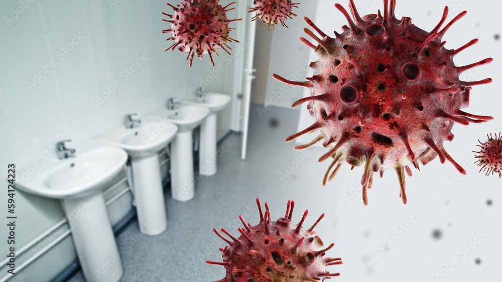 Public toilet. Bacteria in restroom. Several sinks along wall. Bacteria