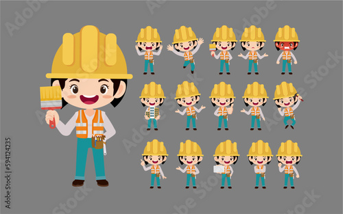 Set of worker with different poses