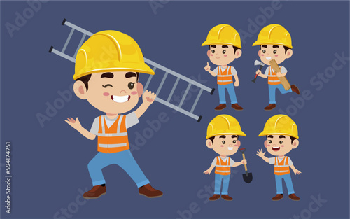 Set of worker with different poses