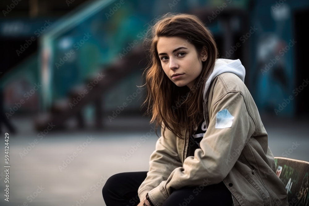 Portrait of a skateboarder teenage girl, high quality generative ai