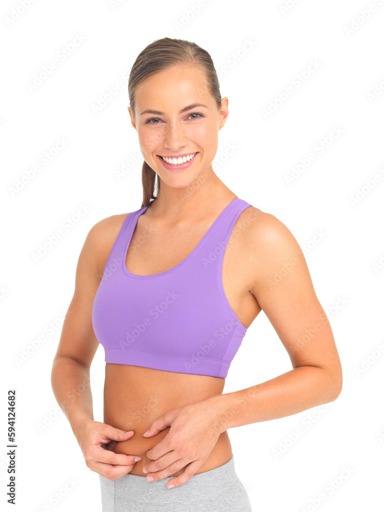Woman, fitness portrait and pinch belly for liposuction, lose weight and body goal by transparent png background. Isolated model, stomach and abdomen for cosmetic surgery, tummy tuck and excited face Woman, fitness portrait and pinch belly for liposuction, lose weight and body goal by transparent png background. Isolated model, stomach and abdomen for cosmetic surgery, tummy tuck and excited face