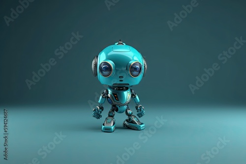 futuristic blue robot standing on a sleek blue surface. Generative AI © 2rogan