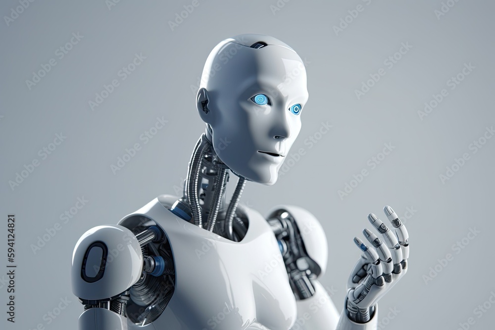 white robot with blue eyes and arms isolated on a black background. Generative AI