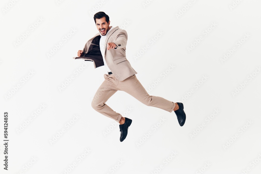 cheerful man businessman smiling happy beige running victory suit business winner
