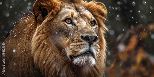 Portrait of a lion during a snowfall  close-up. Generative AI