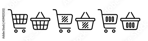Shopping cart and basket icon set. Black color outline icon on white background.