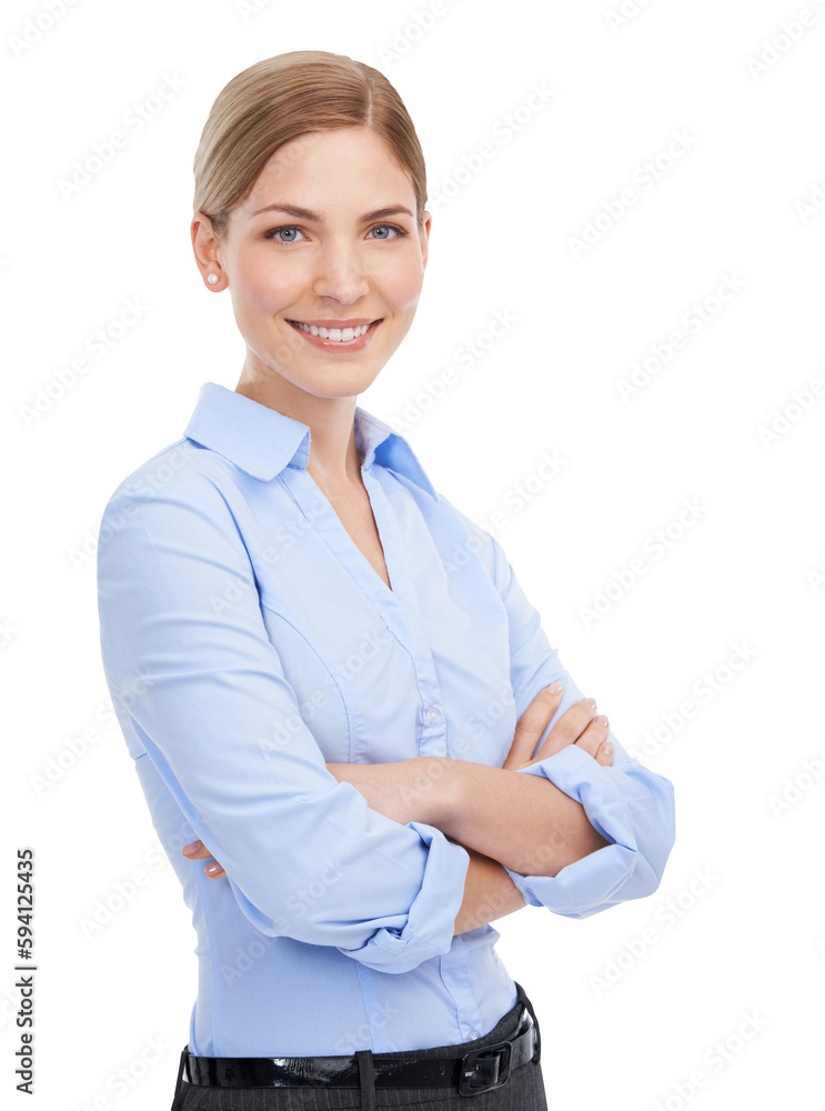 Portrait, happy and arms crossed with a business woman isolated on a transparent background. Mindset, corporate or professional with a confident and attractive young female employee standing on PNG Portrait, happy and arms crossed with a business woman isolated on a transparent background. Mindset, corporate or professional with a confident and attractive young female employee standing on PNG
