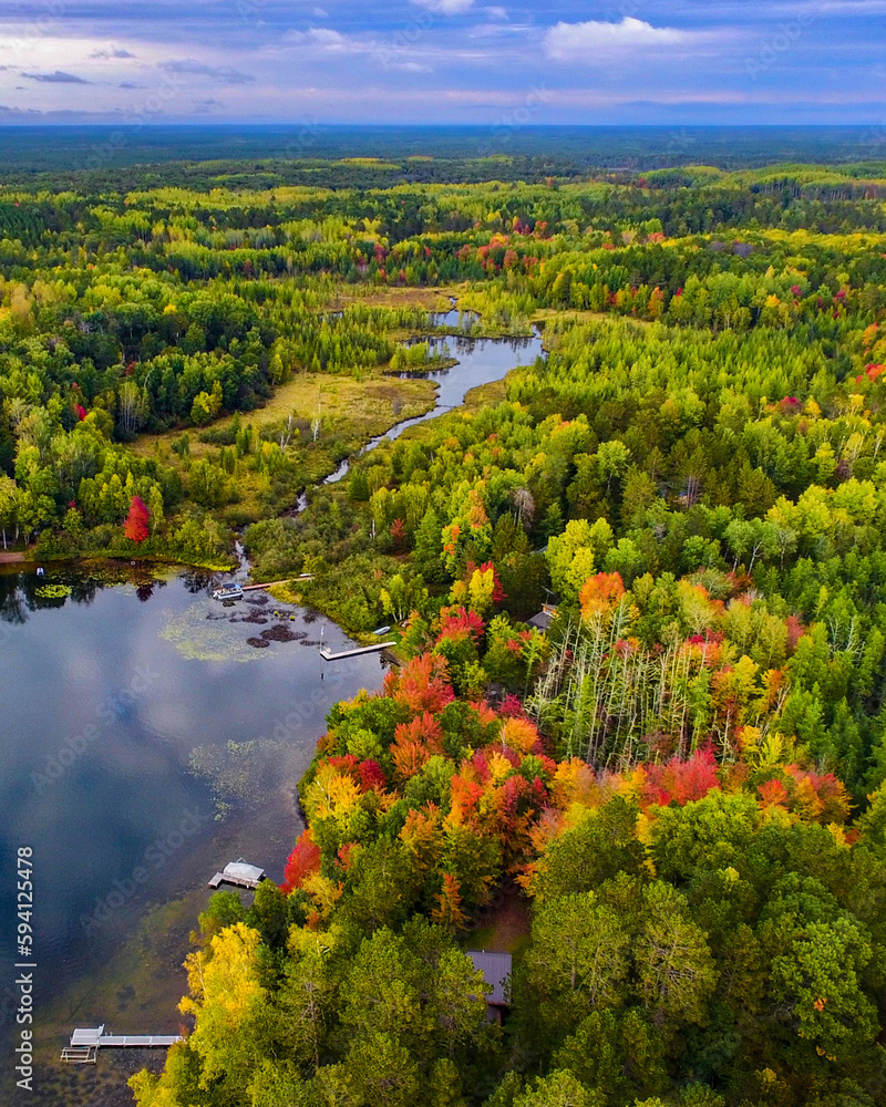 Wisconsin lake in the fall, drone footage