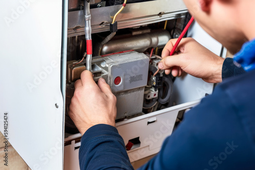 Fotografiet Repairman fixing a broken electric boiler or furnace with focus on his hand