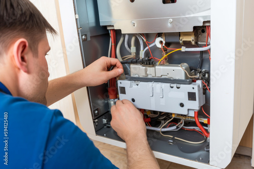 Repairman fixing a broken electric boiler or furnace. High quality generative ai