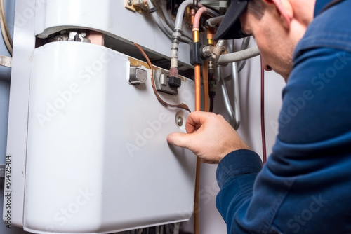 Canvas-taulu Repairman fixing a broken electric boiler or furnace with focus on his hand