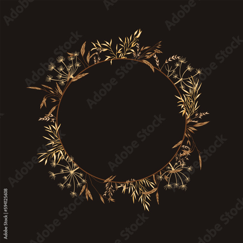 Wreath with meadow herbs. Dark background. Round frame with dried plants. Line art style. Layout border for invitations, postcards, logos, covers, labels.