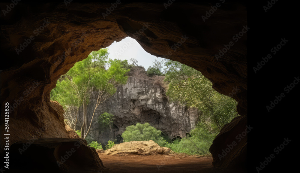 Natural window in a cave facing a grove. Generative AI