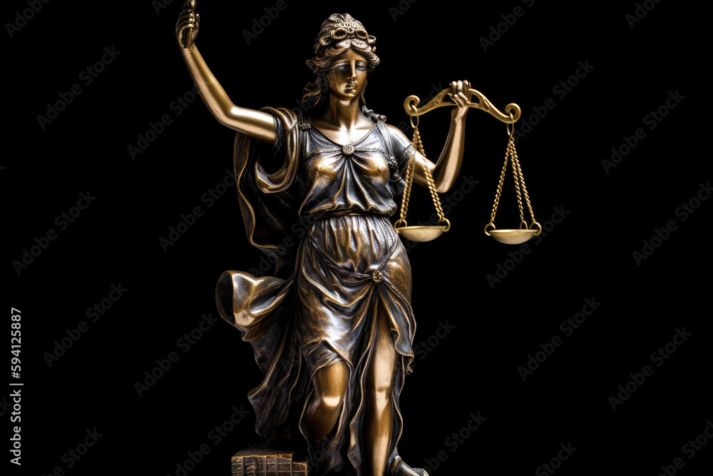 Bronze statue of Themis, Goddess or Lady of Justice holding Law Scales. Dark background with copyspace. High quality Generative AI Bronze statue of Themis, Goddess or Lady of Justice holding Law Scales. Dark background with copyspace. High quality Generative AI