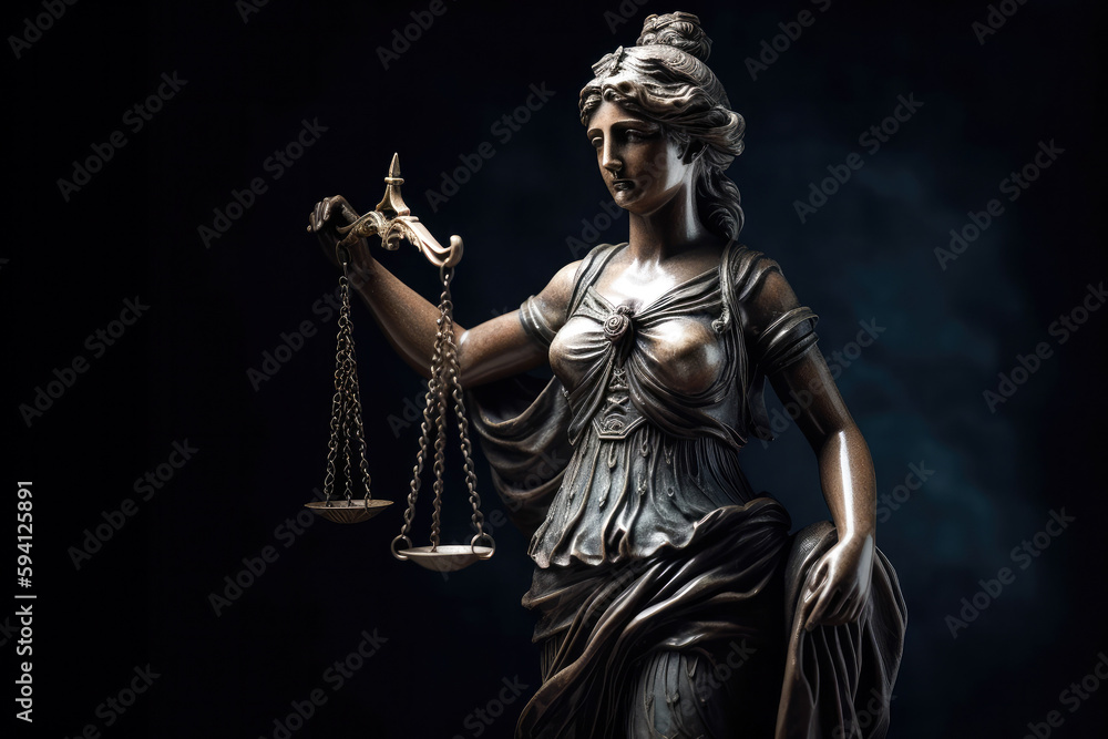 Bronze statue of Themis, Goddess or Lady of Justice holding Law Scales. Dark background with copyspace. High quality Generative AI Bronze statue of Themis, Goddess or Lady of Justice holding Law Scales. Dark background with copyspace. High quality Generative AI