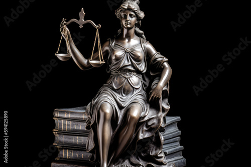 Bronze statue of Themis  Goddess or Lady of Justice holding Law Scales. Dark background with copyspace. High quality Generative AI