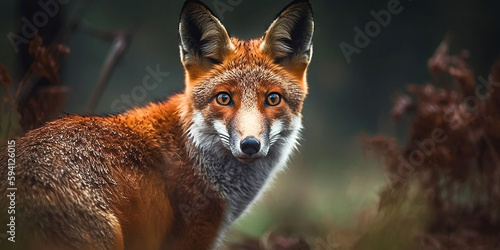 Portrait of a red fox in the wild, close-up. Generative AI