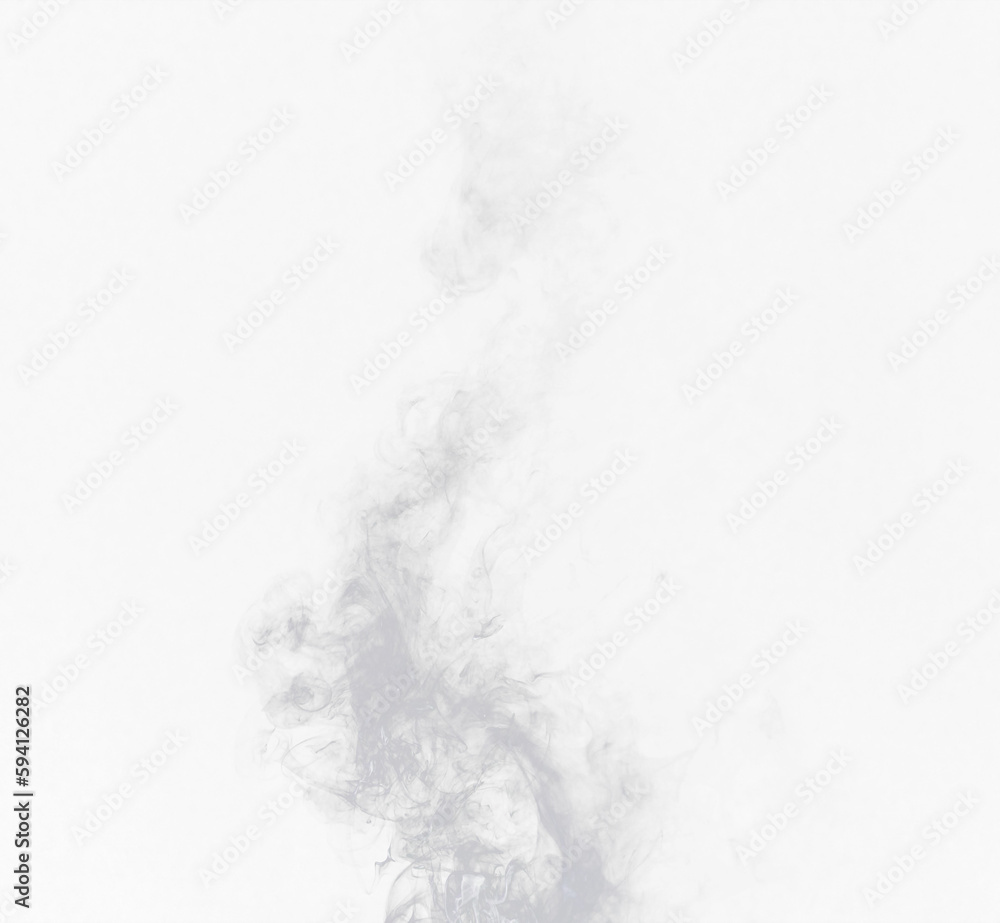 Grey smoke swirl, white background and studio with no people with fog in the air. Smoking, smog and isolated with smoker art from cigarette or pollution with graphic space for incense creativity