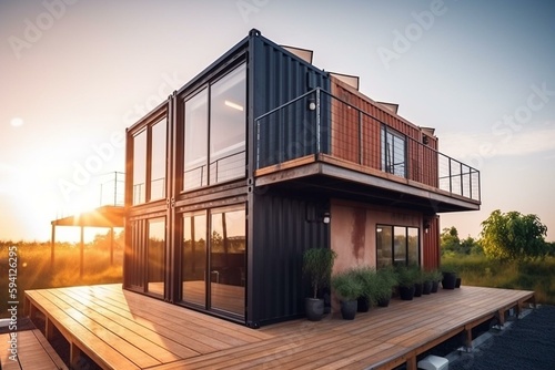 modern industry exterior style house made from converted shipping container has solar panel roof, idea for sustainability for environmental preservation Generative Ai © David