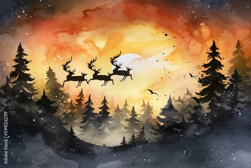 Santa claus with sleigh and reindeers silhouette flying over the pine forest at night, watercolor painting. Generative AI