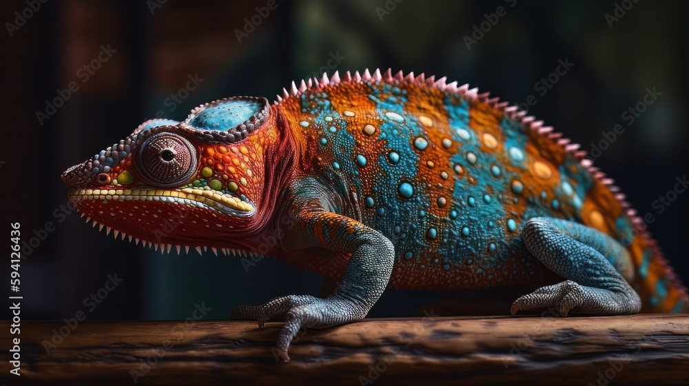 Fototapeta premium Colorful chameleon on a branch. Generative AI