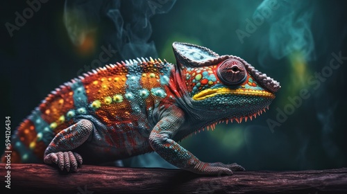 Colorful chameleon on a branch. Generative AI
