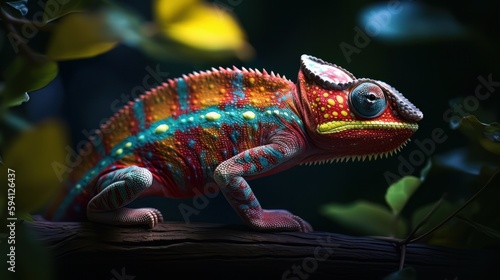 Colorful chameleon on a branch. Generative AI