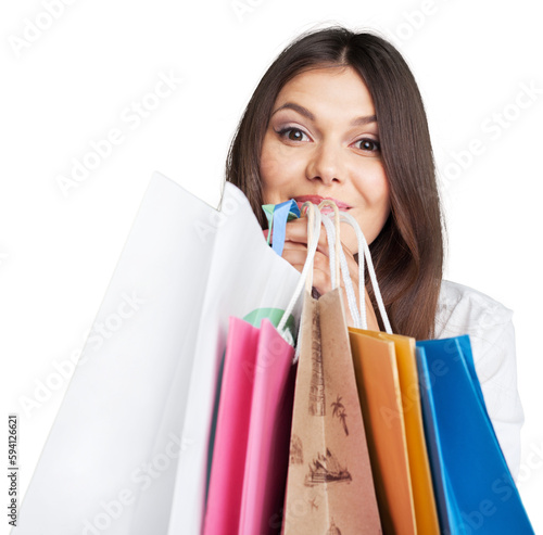 Young woman with shopping bags on blurrred background