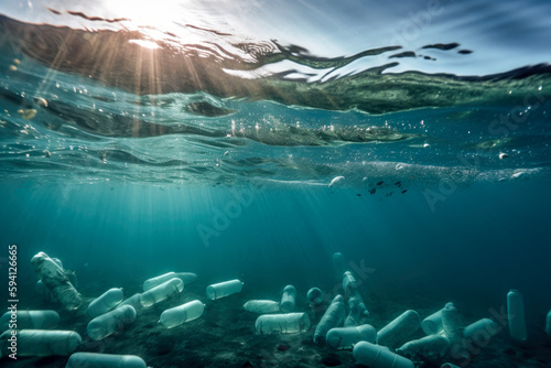Plastic bottles and other waste floating in ocean, high quality generative ai
