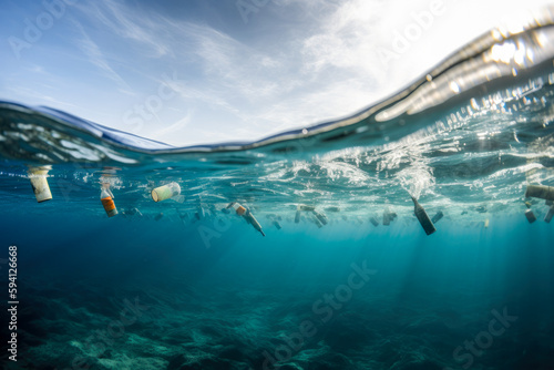 Plastic bottles and other waste floating in ocean, high quality generative ai