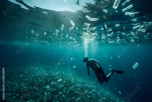 Man swimming underwater with plastic bottles and other waste floating around him and on an ocean floor high quality generative ai