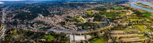 Aerial of the city Villeneuve-lès-Avignon in France on a sunny afternoon in spring 